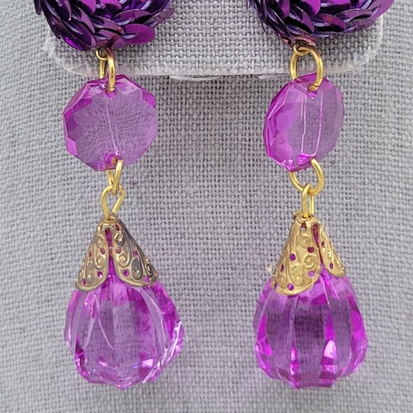 Purple Sequin Teardrop Bead Post Dangle Earrings Gold Tone Length 3 in - Picture 6 of 8